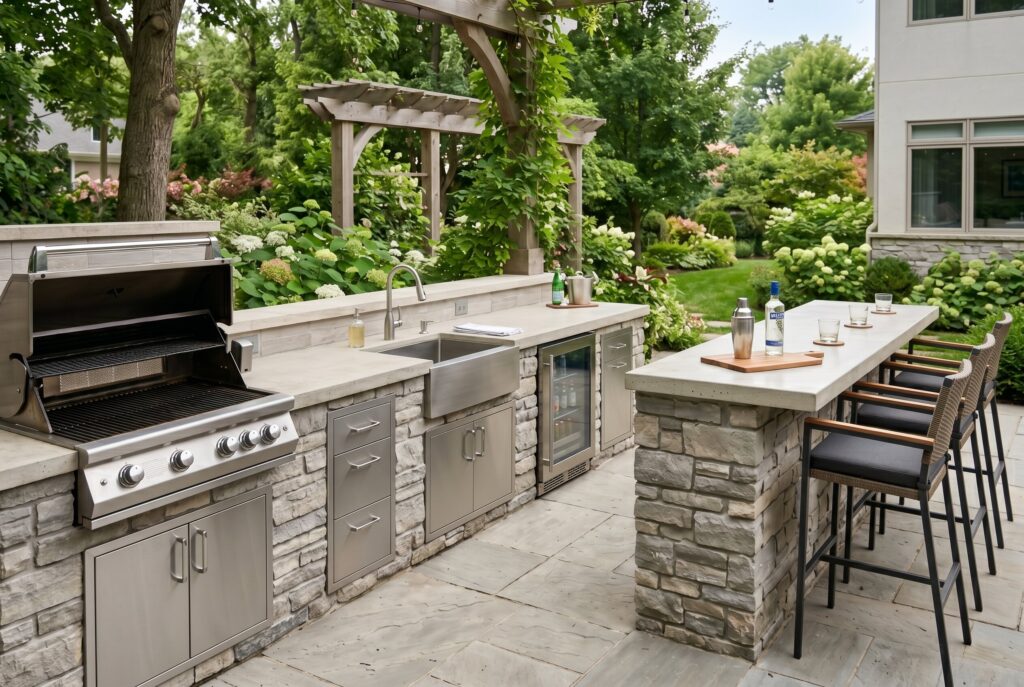 Outdoor kitchen and bar combo with grill, shelving, and integrated bar seating.