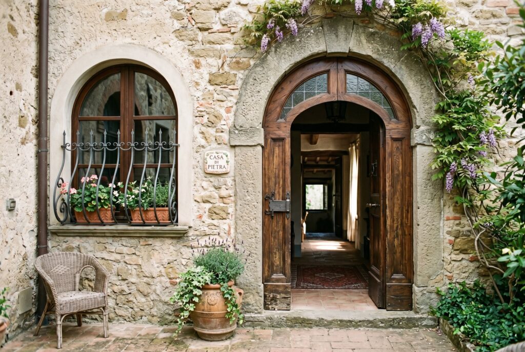 Arched wooden doorway and matching arched window with wrought iron grilles, set in a stone wall covered with blooming wisteria.