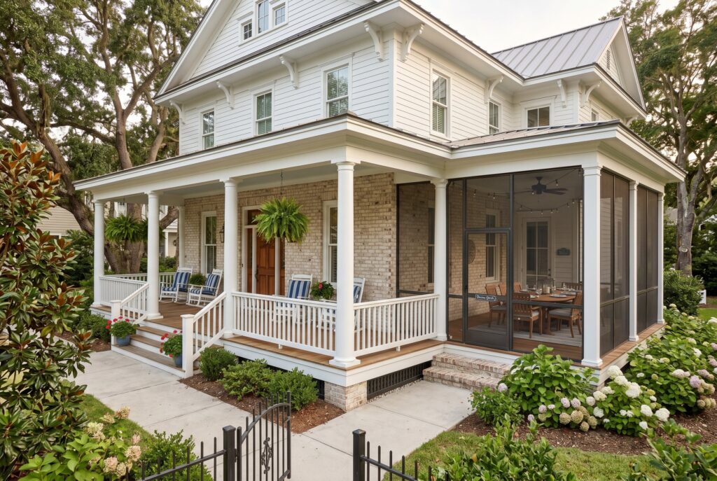 Half screened wrap around porch with open front section and screened dining area. 