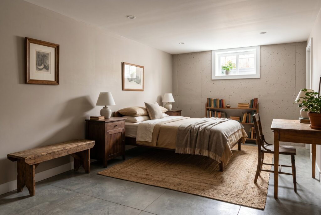 Second hand wood furniture adding warmth and character to basement bedroom decor.