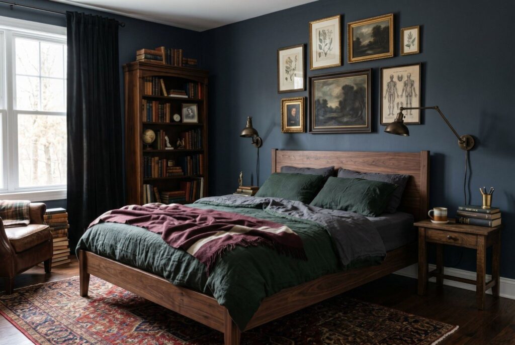 Modern dark academia bedroom with platform bed, layered artwork, and brass lighting. 