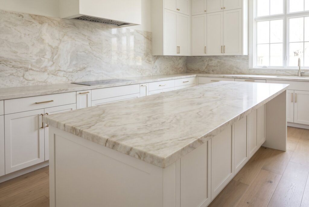 Taj Mahal quartzite kitchen island with creamy veining and light beige cabinetry.
