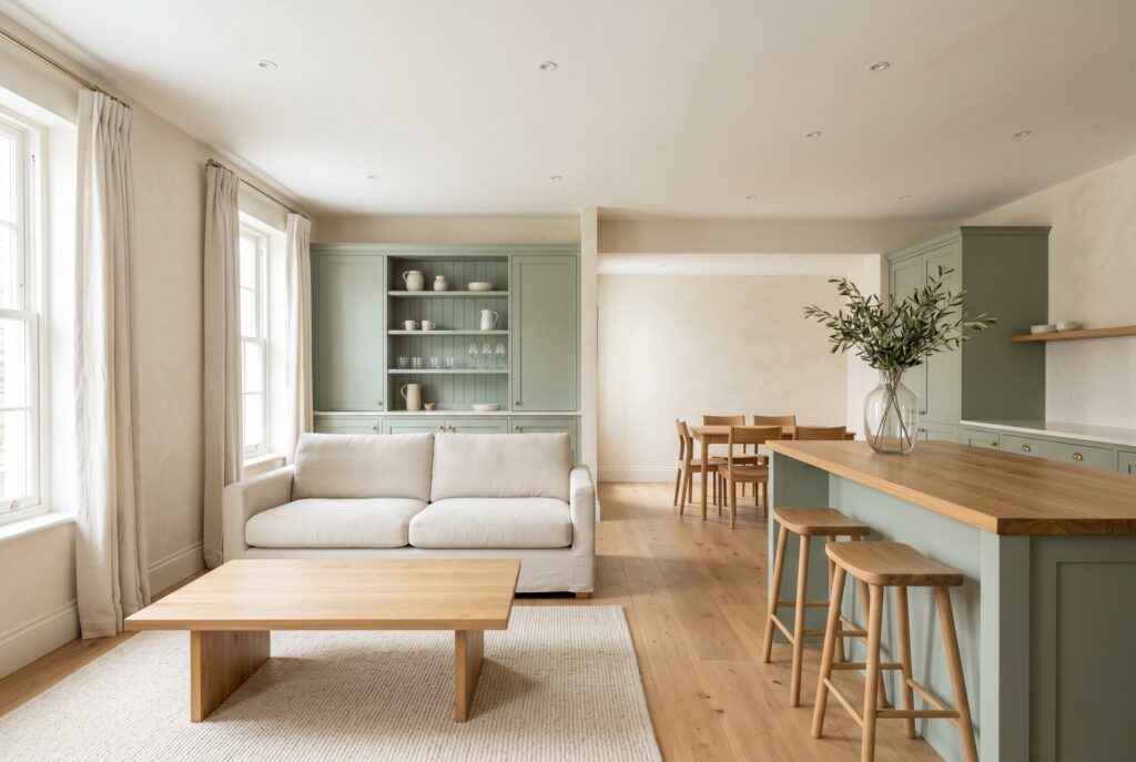 Cream, sage, and oak open plan living room with sage kitchen island and oak furnishings. 
