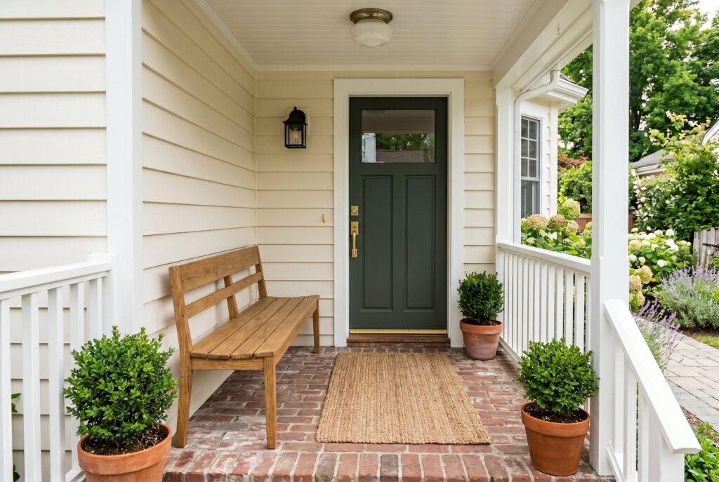 Narrow oak bench on small front porch with layered rug and potted greenery.