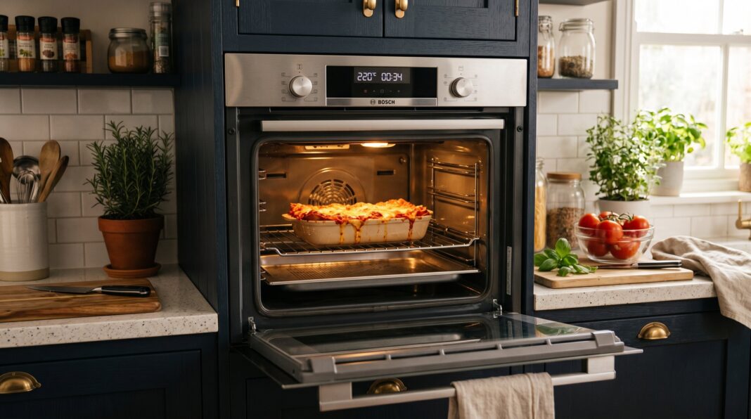 A modern built-in stainless steel oven baking lasagna, demonstrating an appliance that benefits from self-cleaning.