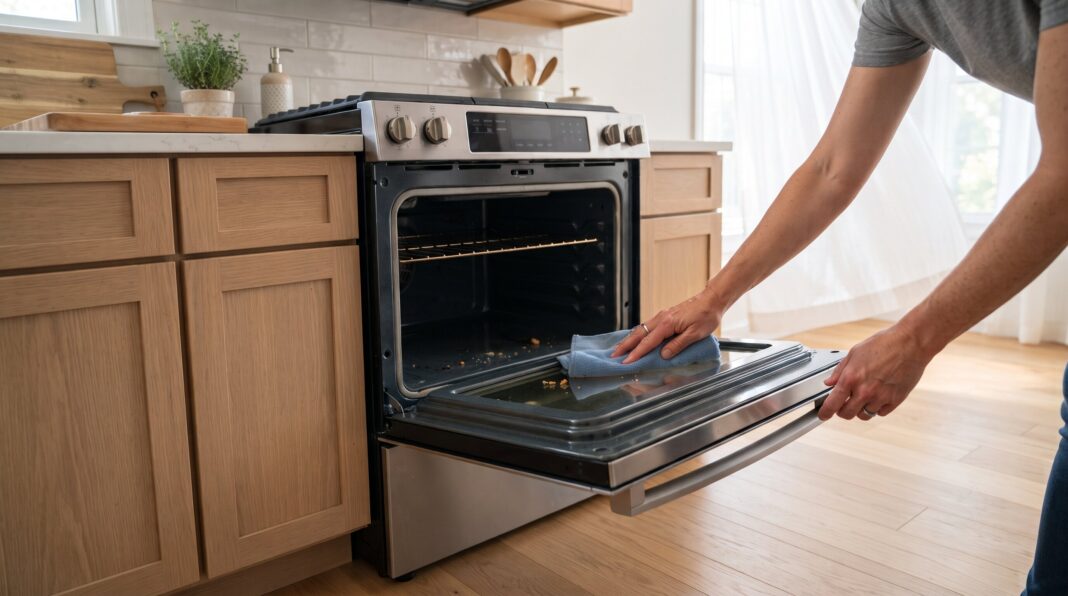 A modern built-in stainless steel oven baking lasagna, demonstrating an appliance that benefits from self-cleaning.