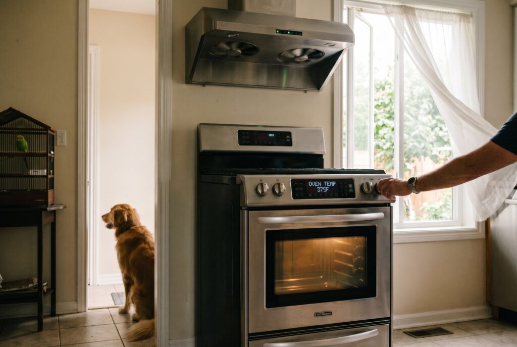 A person starting an oven cycle while ventilating the kitchen by opening a window, with a dog resting safely in another room.