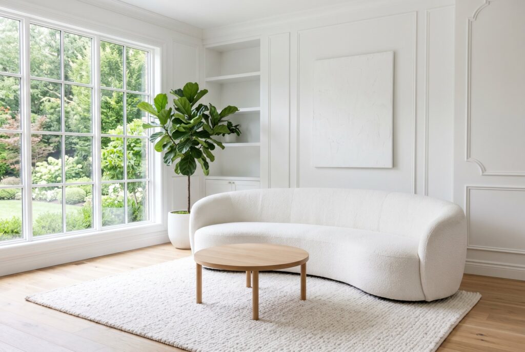 Curved white sofa paired with a round coffee table and textured rug in a modern living room.