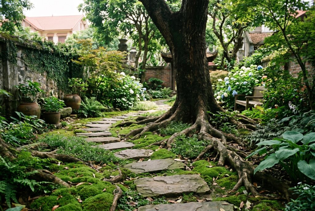 Stepping stone and moss pathway winding through mature tree roots and shade garden. 