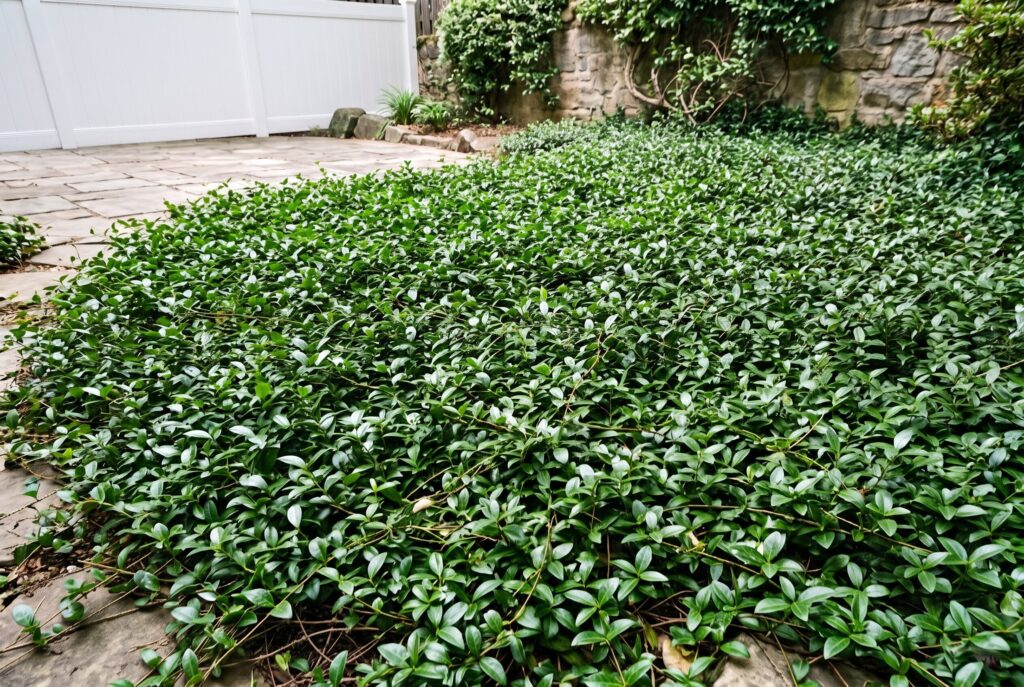 Asiatic jasmine forming a vigorous, dense carpet of glossy green vine-like foliage next to a garden stone wall and patio.