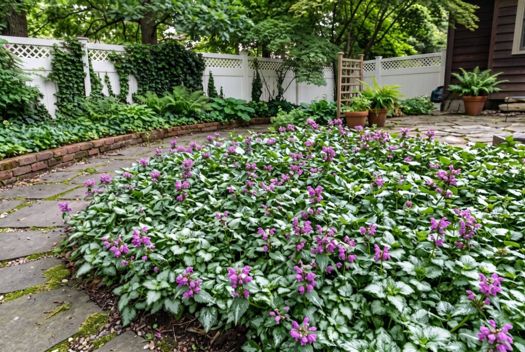 Spotted deadnettle brightening a garden edge next to a stone path with its distinctive silver-patterned foliage and clusters of purple flowers.