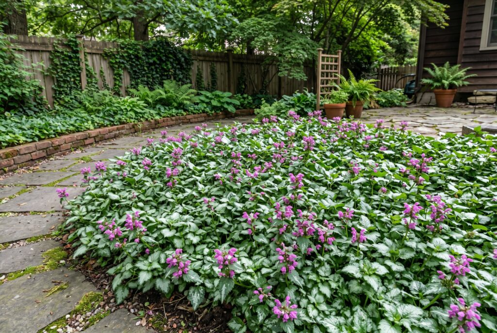 Spotted deadnettle brightening a garden edge next to a stone path with its distinctive silver-patterned foliage and clusters of purple flowers.