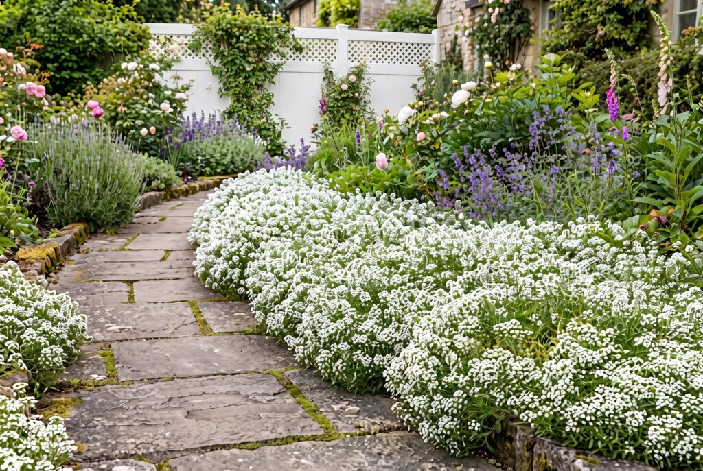 Sweet alyssum bringing soft texture and white delicate flowers to a sunny garden walkway.