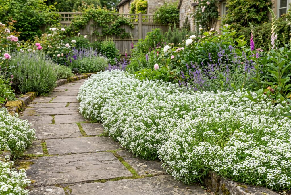 Sweet alyssum bringing soft texture and white delicate flowers to a sunny garden walkway.