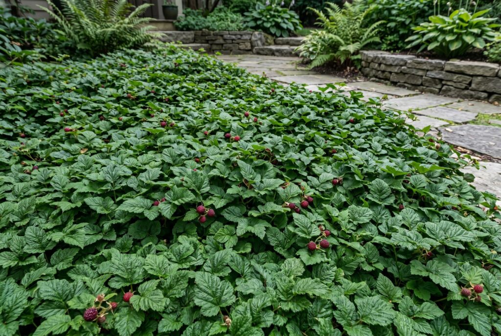 Creeping raspberry forming a dense, textured carpet of green leaves dotted with small red berries next to stone garden steps.