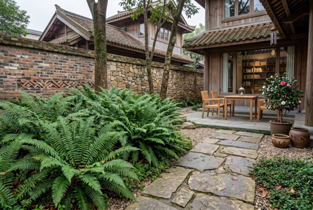 Christmas fern displaying vibrant green fronds planted next to a stone pathway in front of a rustic, natural-style home.