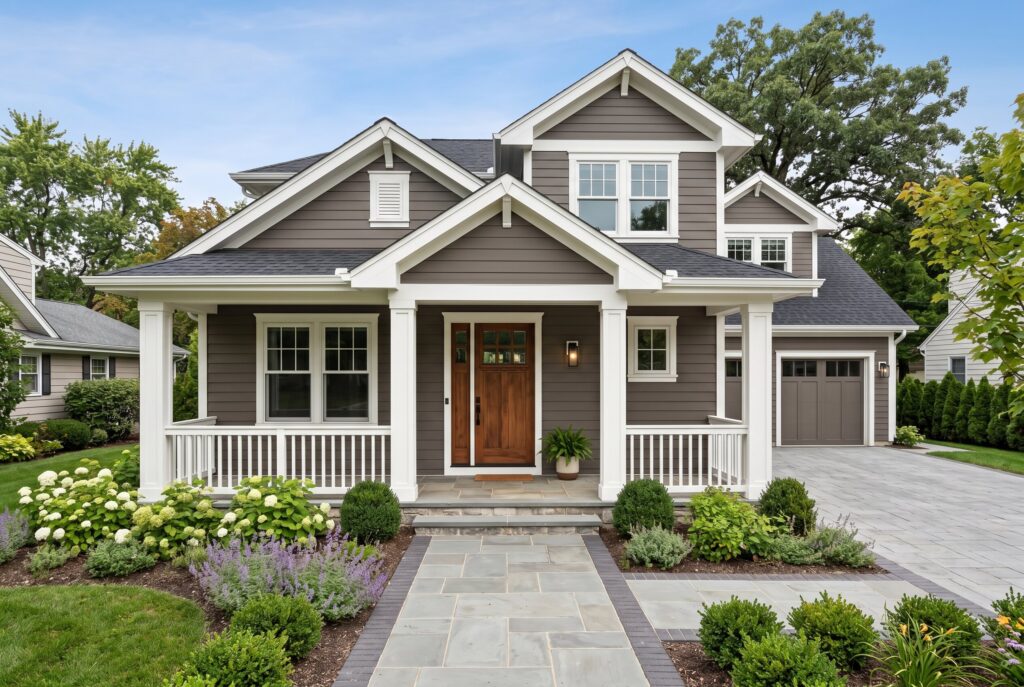 Charcoal gray exterior home with white trim, walnut front door, and Craftsman architecture.