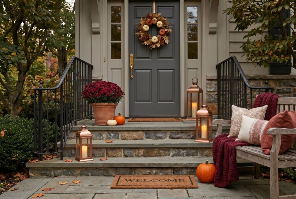 Oversized brass and copper lanterns with pumpkins and cozy fall porch seating.