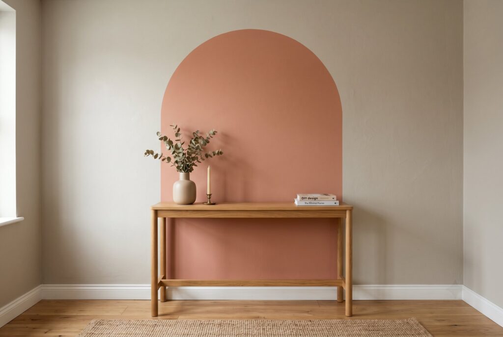 Painted wall arch behind console table in muted terracotta modern decor.
