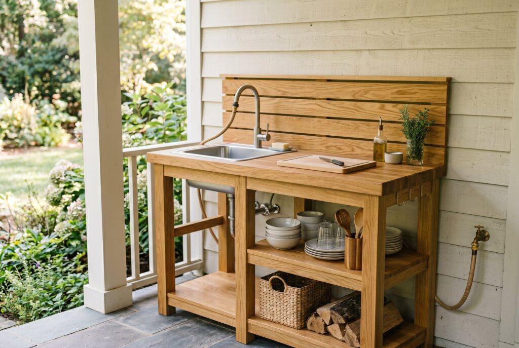 Farmhouse style outdoor prep station with wood frame, sink, and separate grill area. 