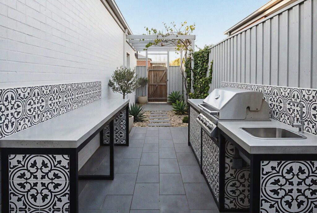 Narrow outdoor kitchen with patterned tile counters, grill station, and galley layout. 