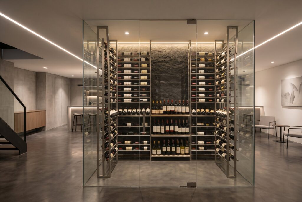 Frameless glass wine display enclosure with floor to ceiling bottle storage.
