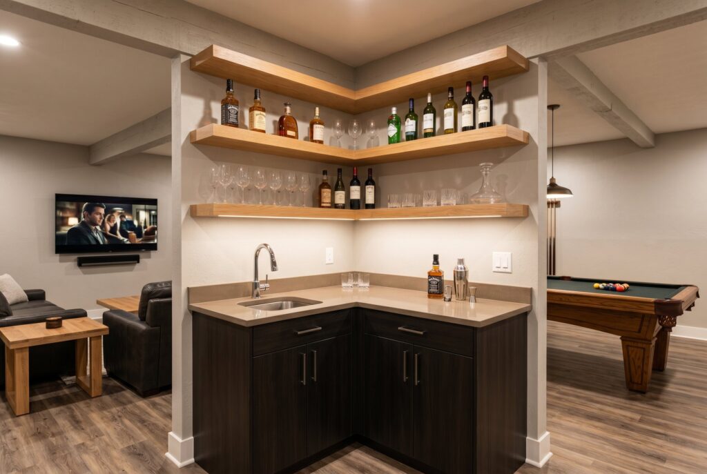 Compact corner wet bar with open shelving and entertainment area connection. 
