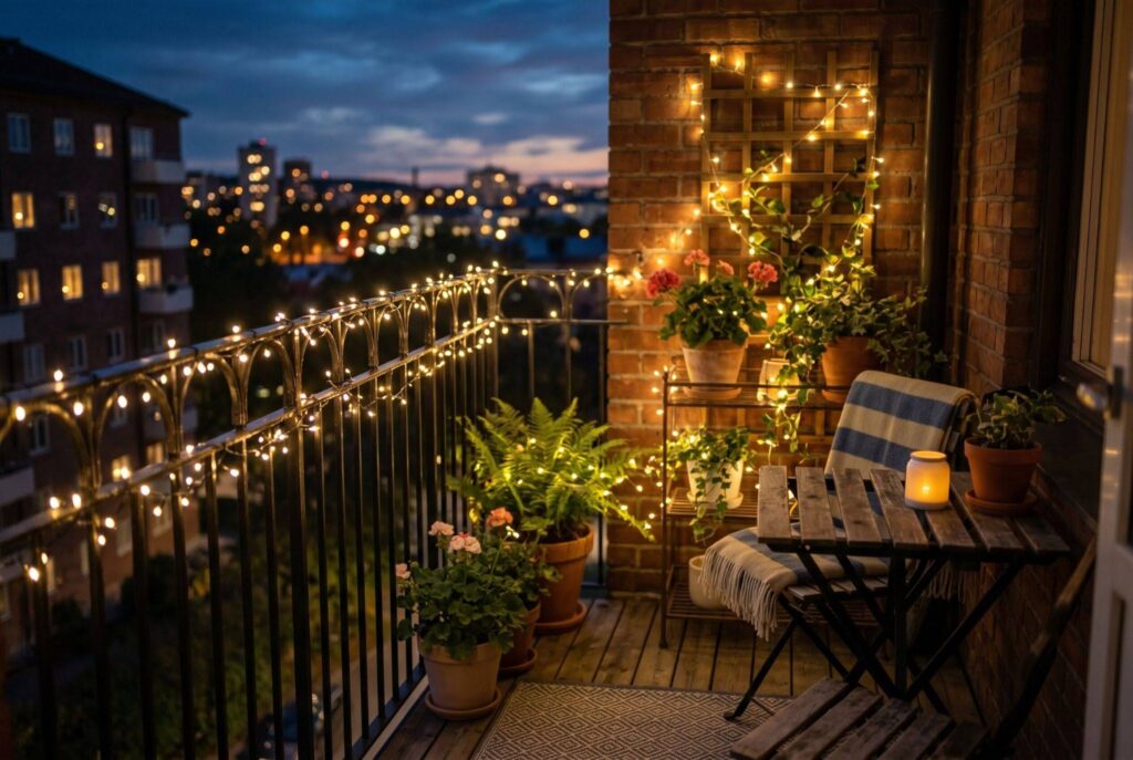 Solar powered fairy lights wrapped around balcony railing with evening city views. 