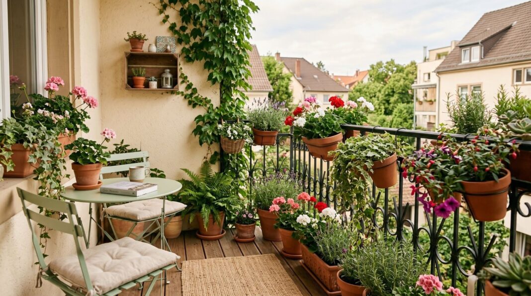Small balcony ideas with potted flowers, railing planters, and cozy urban jungle seating.