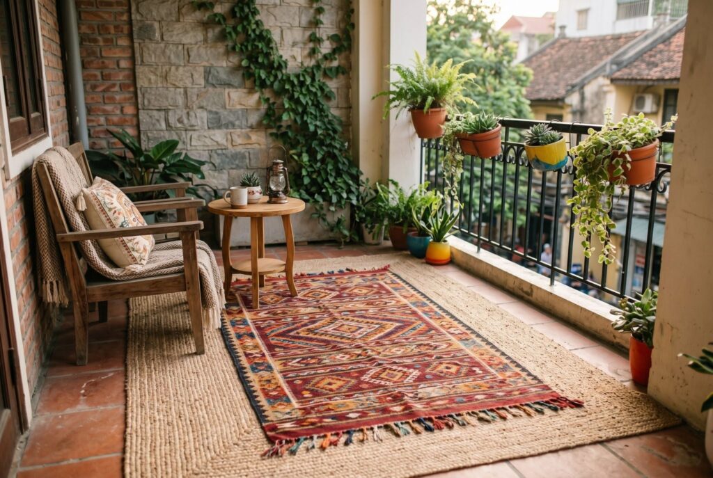 Bohemian layered outdoor rugs on small balcony with wicker seating and potted greenery. 