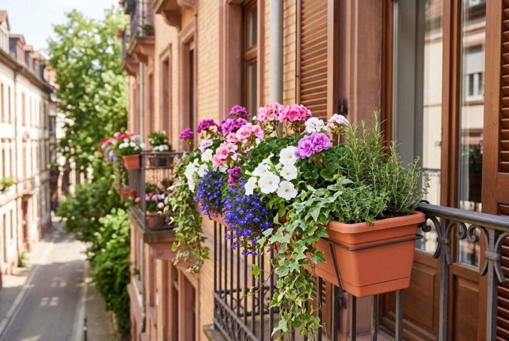 Railing planter boxes filled with colorful flowers on urban apartment balcony. 