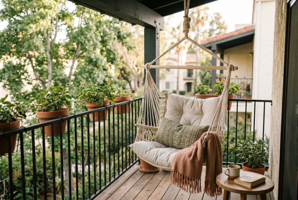 Hanging chair on balcony with soft cushions and relaxing outdoor retreat design. 