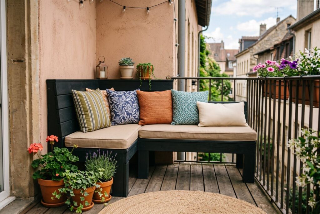 Built in corner bench with colorful cushions on small balcony lounge area. 