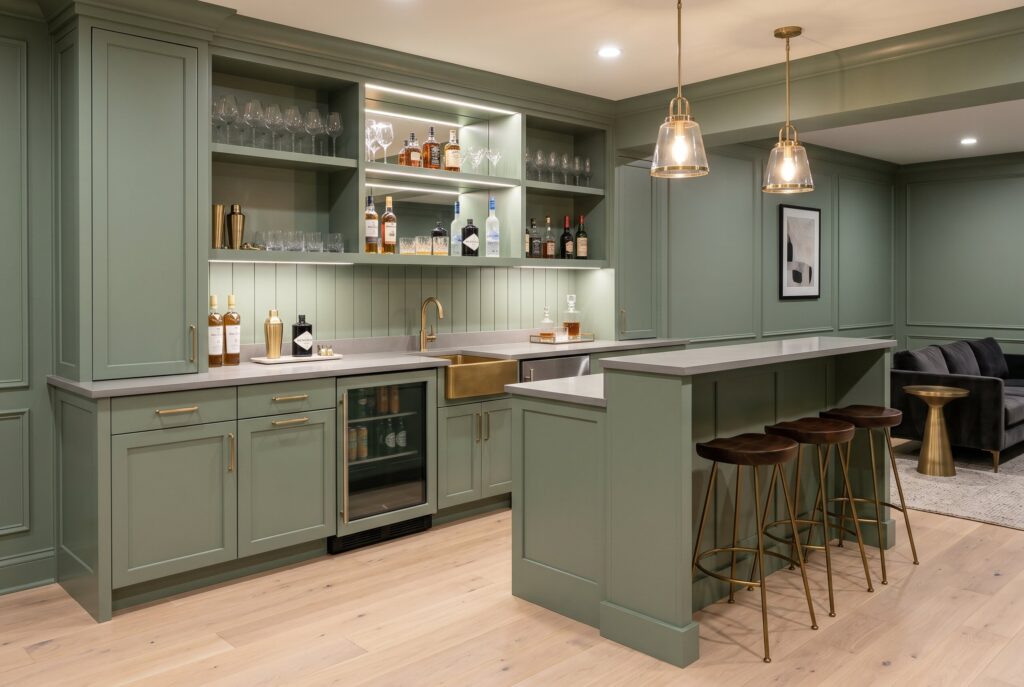 Monochromatic sage green basement bar with brass hardware and waterfall peninsula. 