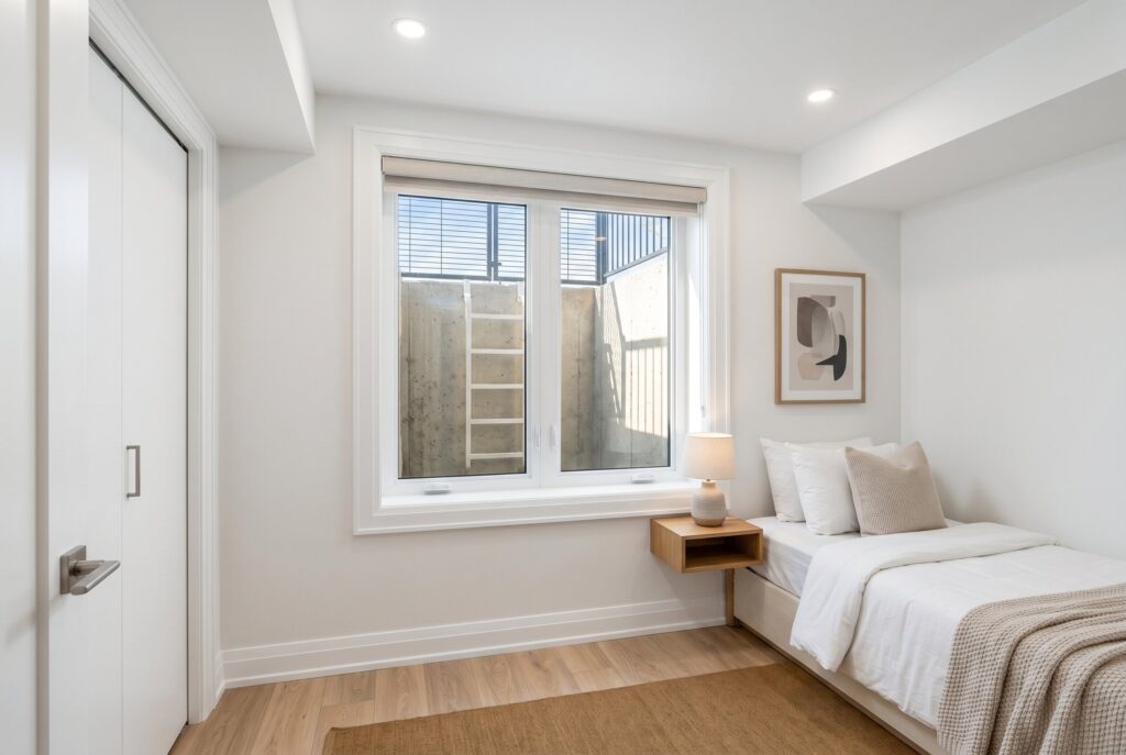 Basement bedroom with egress window, built in bed, and bright natural light.