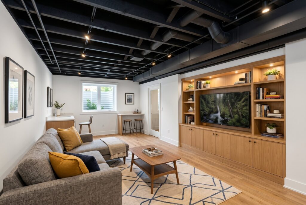 Exposed black ceiling basement with built in media wall and modern industrial design.
