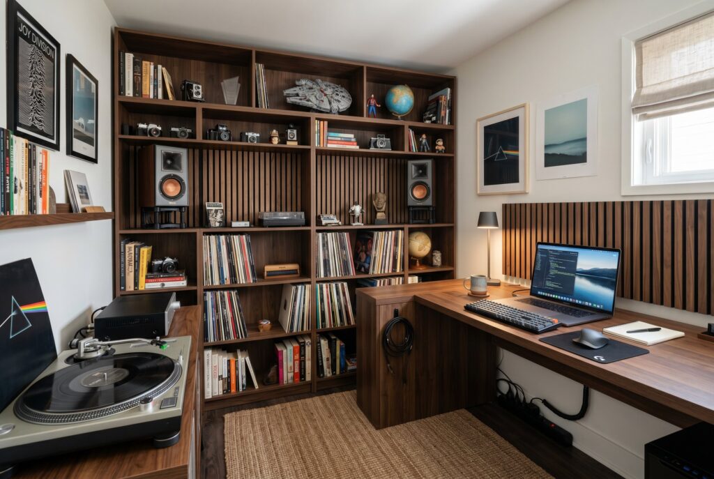 Home office and listening room hybrid with record storage, oak shelving, and L shaped desk.