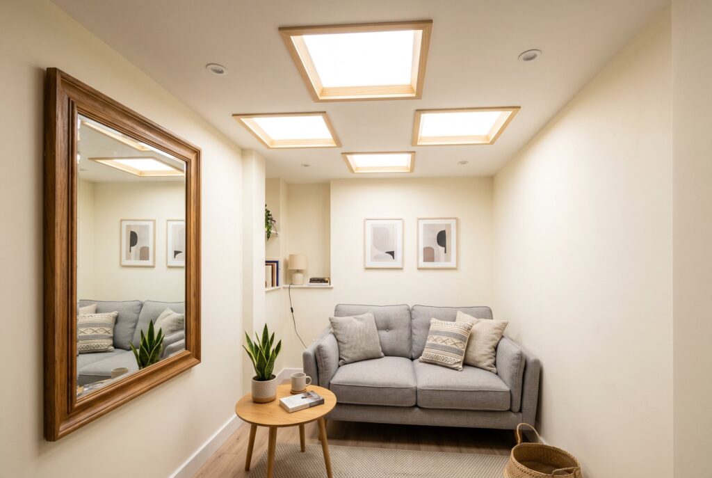 Faux skylight ceiling panels creating natural daylight effect in windowless basement.