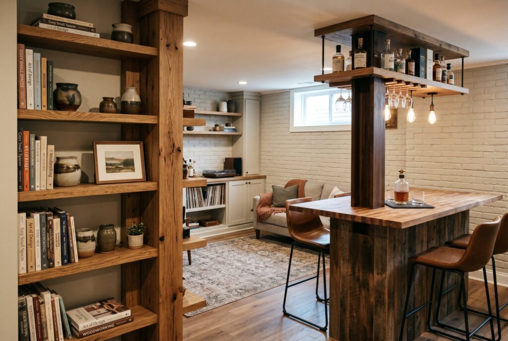 Wood wrapped support column integrated into basement bar and shelving design.