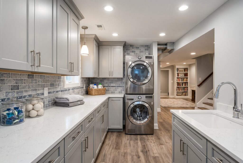 Basement laundry room with cabinetry, folding counter, and tile backsplash.