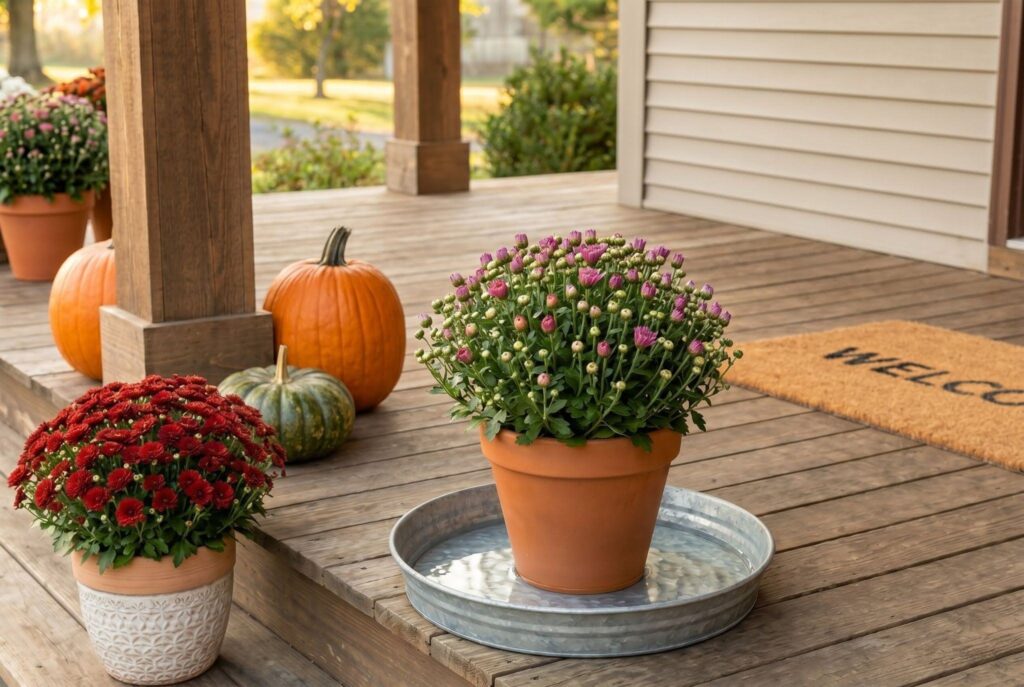Closed bud mums in planters with pumpkins on cozy fall front porch display.