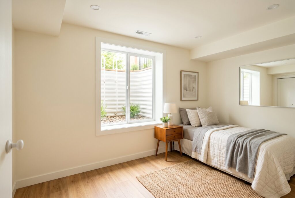 Warm white basement with large mirror, soft furnishings, and bright open layout.
