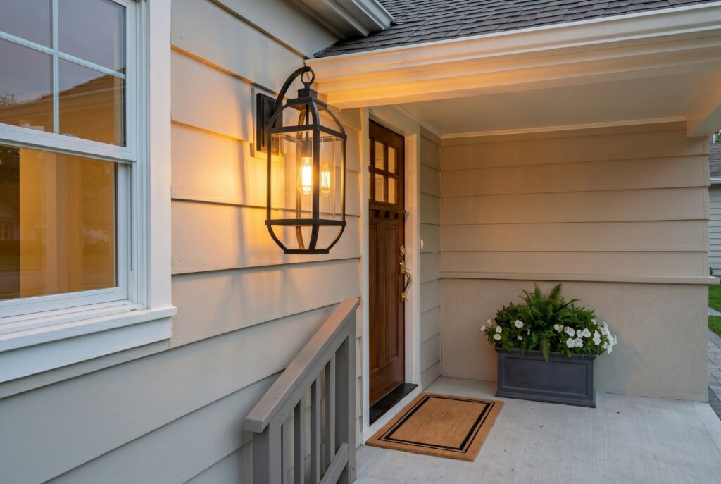 Oversized lantern style porch sconce with warm lighting and small front porch decor.