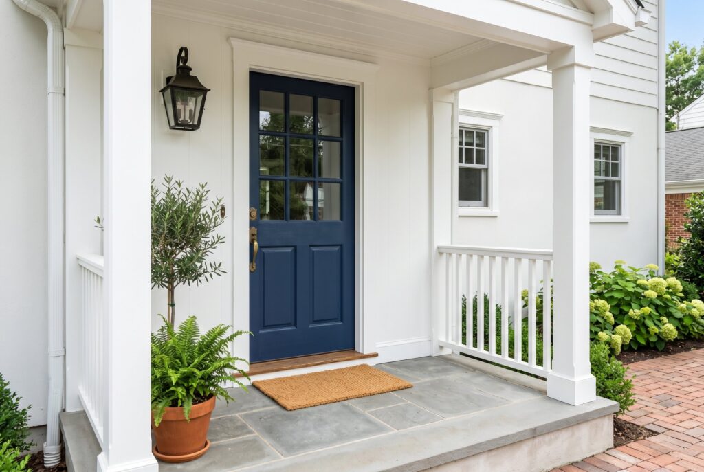 High contrast navy front door with potted plants and modern small porch design.