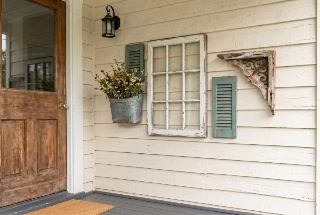 Vintage architectural salvage wall art with shutter and window frame porch decor.