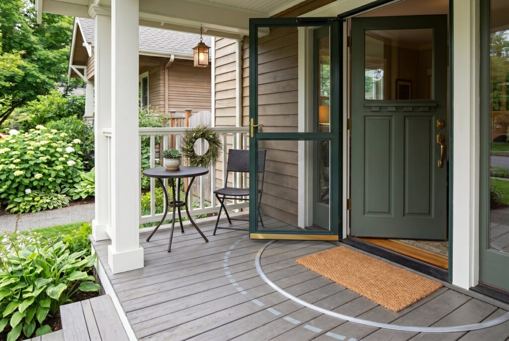 Small front porch with clear door swing path, bistro set, and functional entry layout.