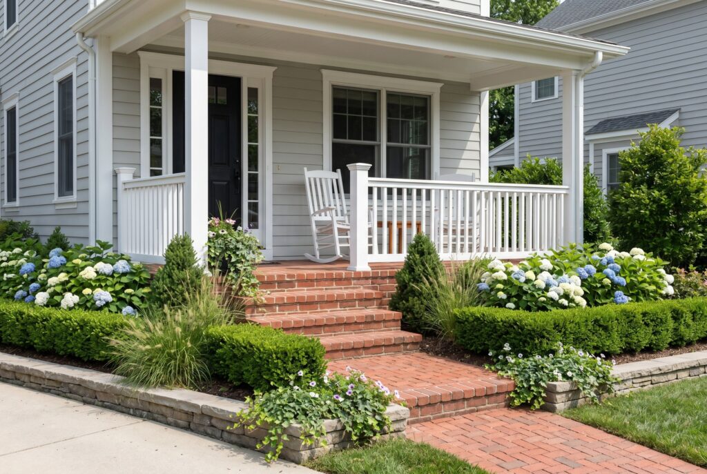 Front porch landscaping with hydrangeas, boxwoods, and low maintenance curb appeal.