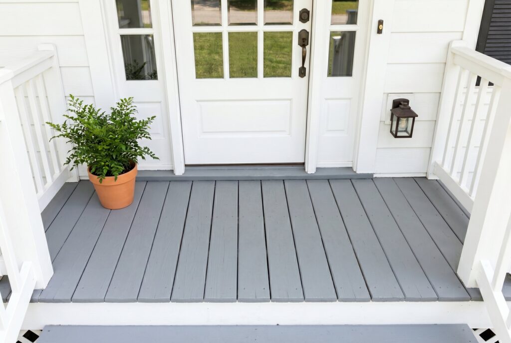 Layered doormat over outdoor rug creating texture and depth on small front porch.