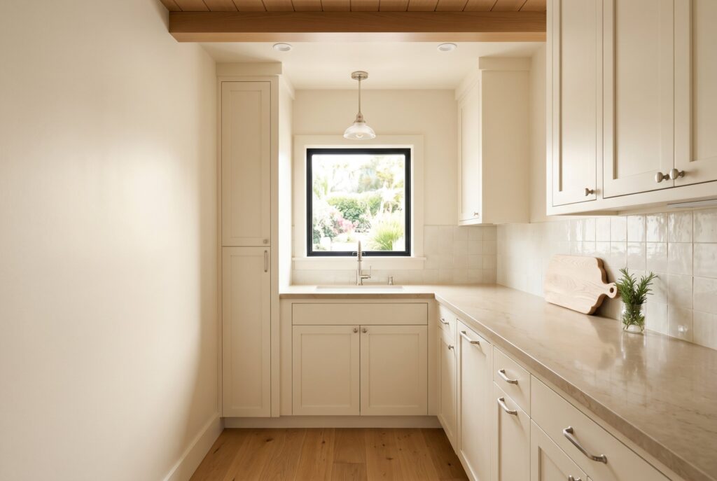 Sherwin Williams White Sesame kitchen with warm off white walls, cream cabinetry, and seamless light filled design.