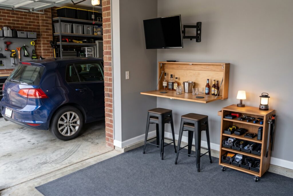 Fold away garage man cave with wall mounted bar, swivel TV, and flexible multipurpose layout.